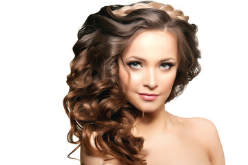 Model with long hair. Waves Curls Hairstyle. Hair Salon. Updo. F