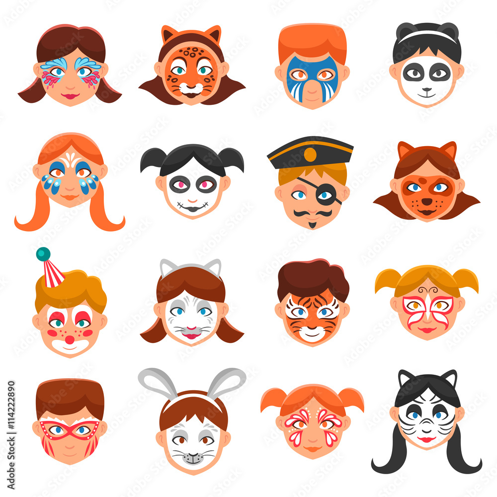 Sticker painted faces icons set