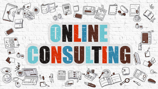 Online Consulting. Online Consulting Drawn on White Brick Wall. Online Consulting in Multicolor. Modern Style Illustration. Doodle Design Style of Online Consulting. Line Style Illustration. 