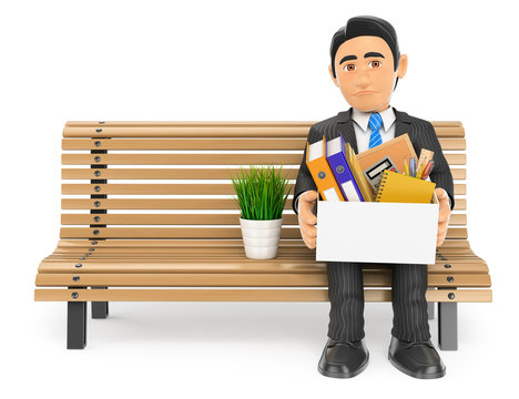 3D Businessman fired sitting on a bench with his stuff