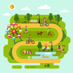 Flat design vector summer landscape illustration of park with sunbathing girl, ferris wheel, road, bench, walking people, cyclists, pond with ducks, boy with ball, children playing with dog.