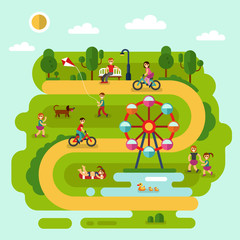 Flat design vector summer landscape illustration of park with sunbathing girl, ferris wheel, road, bench, walking people, cyclists, pond with ducks, boy with kite, children playing with dog.
