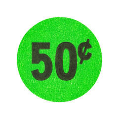 Fifty cent garage sale sticker isolated on a white background.
