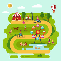 Flat design vector summer landscape illustration of amusement park with air balloon, ferris wheel, road, bench, walking people, cyclists, pond with ducks, boy with balloon, children playing with dog.