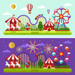 Flat design vector day and night landscape illustration of carnival or amusement park with air balloons, sky full of firework lights, carousel, ferris wheel, roller coasters. Festival concept.