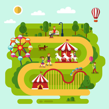 Flat design vector summer landscape illustration of amusement park with air balloon, carousel with kid, ferris wheel, roller coasters, road, bench with men, walking people, boy with balloon, dog.
