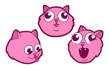 Three Pink Kitten or Cat Heads in Different Moods in a Cartoon Manga Style Set