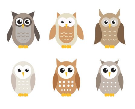Cute cartoon owl set. Owls in shades of gray. Vector illustration