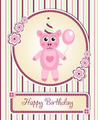 greeting template cute children's birthday party, cartoon pig