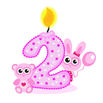 Happy Second Birthday Candle and Animals Isolated on white. The number two. The pink card for girls