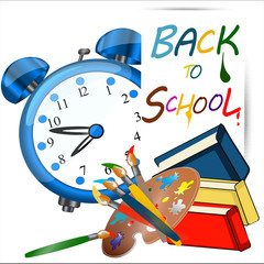 back to school banner, sign, Big blue alarm clock,books,color palette with brushes, vector
