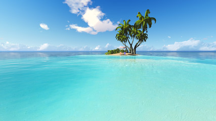 Fototapeta na wymiar Beach and palms recliner blue sky 3D rendering
