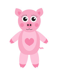 Cute cartoon pig character. Children's toy pig on a white background, isolated. Vector illustration