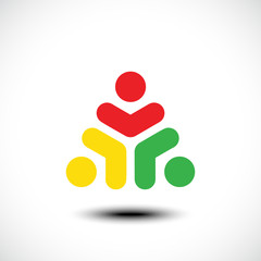 Three happy motivated people in a round colorful logo. Vector illustration