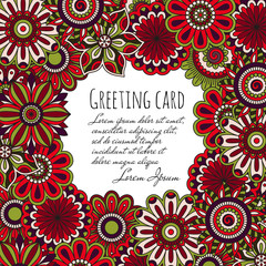 Floral background made of many doodle flowers. Greeting card. Vector illustration.