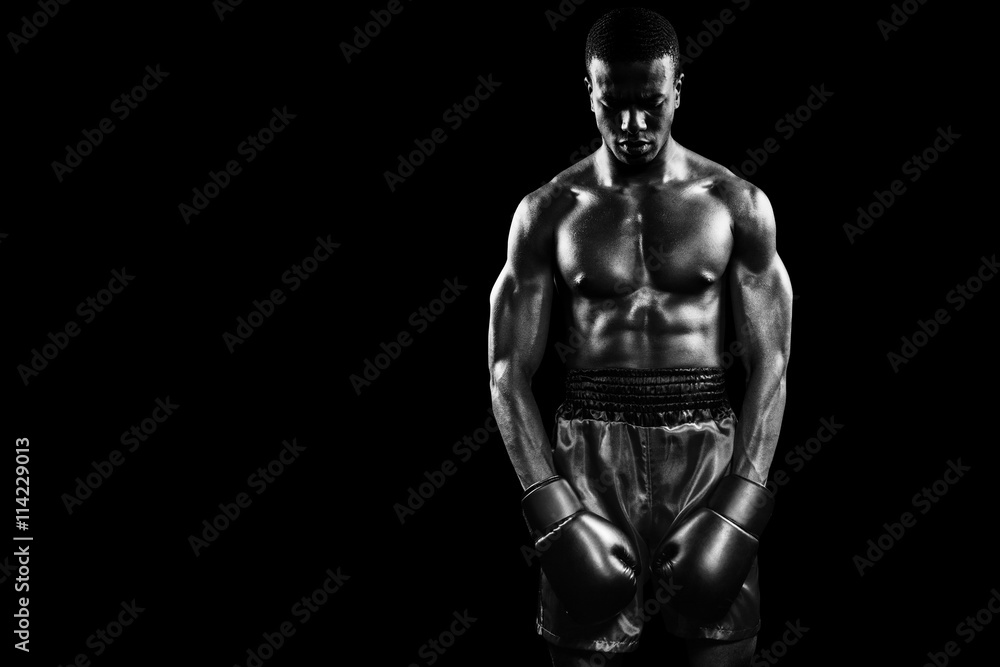 Poster composite image of boxer posing after failure