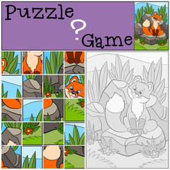 Education games for kids. Puzzle. Little cute baby fox looks at the fly