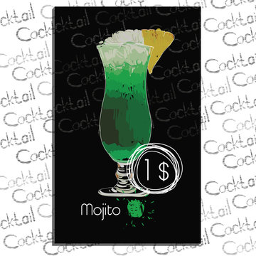 illustration of Mojito with price on chalk board. Template elements for bar