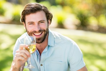 Naklejka na ściany i meble Portrait of man holding wine glass and smiling