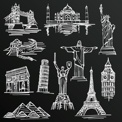 Chalkboard sketch of hand drawn tourist places, template design element, Vector illustration © hobbitfoot