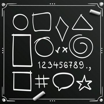 Chalkboard sketch symbols sign, figure icons, numbers, Vector illustration