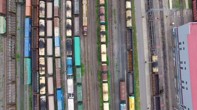 Railway yard with a lot of railway lines and freight trains, Rail freight marshalling yard, Russian Railways.