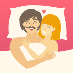 Couple in bed vector. Happy family couple illustration. Asian woman and asian man. Lovers couple in bed. Relationship sensual concept. Sexy man and woman in bedroom
