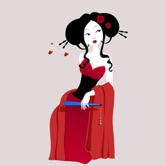 illustration of a beautiful geisha in red dress. very gentle and passionate.