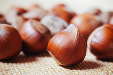 Hazelnuts on rustic background macro.