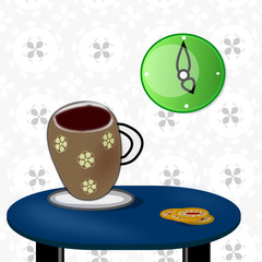 Taza de té con galletas en salón con reloj de pared.