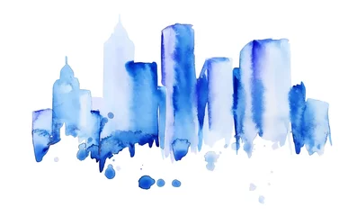 Blackout roller blinds Watercolor painting skyscraper  silhouette of the city of new York watercolor hand-drawn in blue tones, painted with splashes of watercolor drops