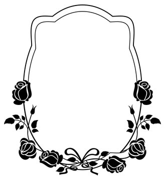 Black and white frame with roses silhouettes. Vector clip art.