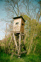 Wooden lookout tower for hunting in the woods