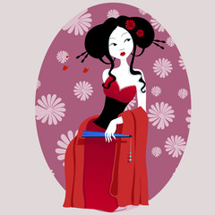 illustration of a beautiful geisha in red dress. very gentle and passionate.