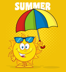 Cute Sun Cartoon Mascot Character Holding A Umbrella. Illustration With Yellow Halftone Background And Text Summer