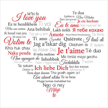 Word cloud. Phrase I love you in many languages in the shape of heart. Vector illustration on white.