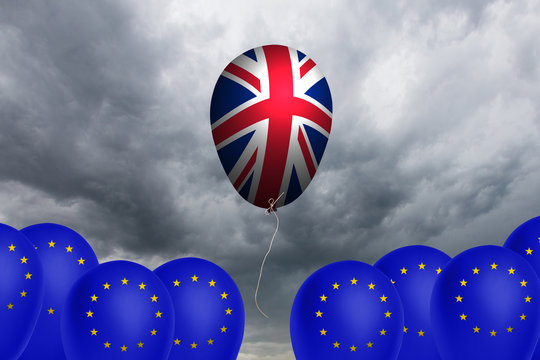 Flying balloon with the flag of the United Kingdom as an illustration of the Brexit 