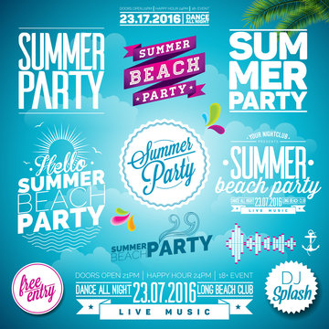 Vector Summer Beach Party Typography Illustration set with signs and symbols on blue background. Icon collection for clubs and night club