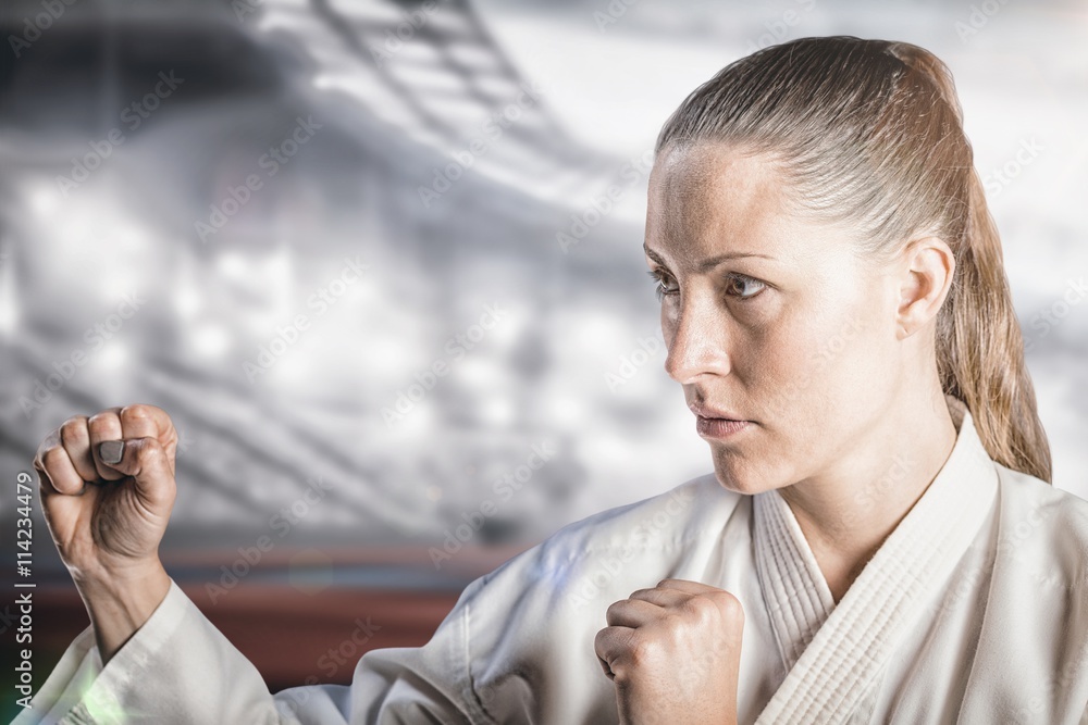 Poster Composite image of female fighter performing karate stance