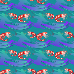 Fototapeta na wymiar Seamless textures marine ornament with shrimps on aquamarine background.