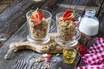 Ready-made granola with dried strawberries and almonds. Healthy breakfast  cereal muesli,   fresh 