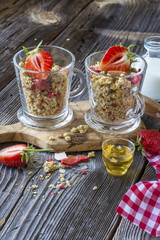Ready-made granola with dried strawberries and almonds. Healthy breakfast  cereal muesli,   fresh 