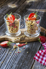 Ready-made granola with dried strawberries and almonds. Healthy breakfast  cereal muesli,   fresh 