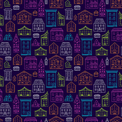 Seamless hand-drawn pattern, cute colorful background with houses, color nice buildings on dark background, good for design fabric, wrapping paper, postcards, EPS 8