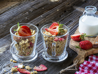 Ready-made granola with dried strawberries and almonds. Healthy breakfast  cereal muesli,   fresh 
