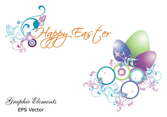 Hand written Happy Easter words .Greeting card text template with graphic decoration elements, Easter eggs with floral leaves decorative graphic elements, design isolated on white background.