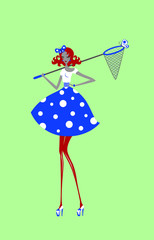 Entomologist girl in polka-dot dress with butterfly net illustration.