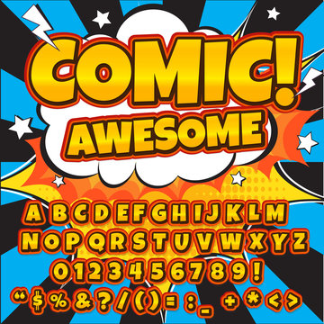 Alphabet collection set. Comic pop art style. Letters, numbers and figures for kids' illustrations