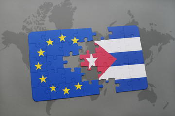 puzzle with the national flag of cuba and european union on a world map