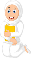 Smile Muslim Woman with Hugging a Book Wearing white Veil